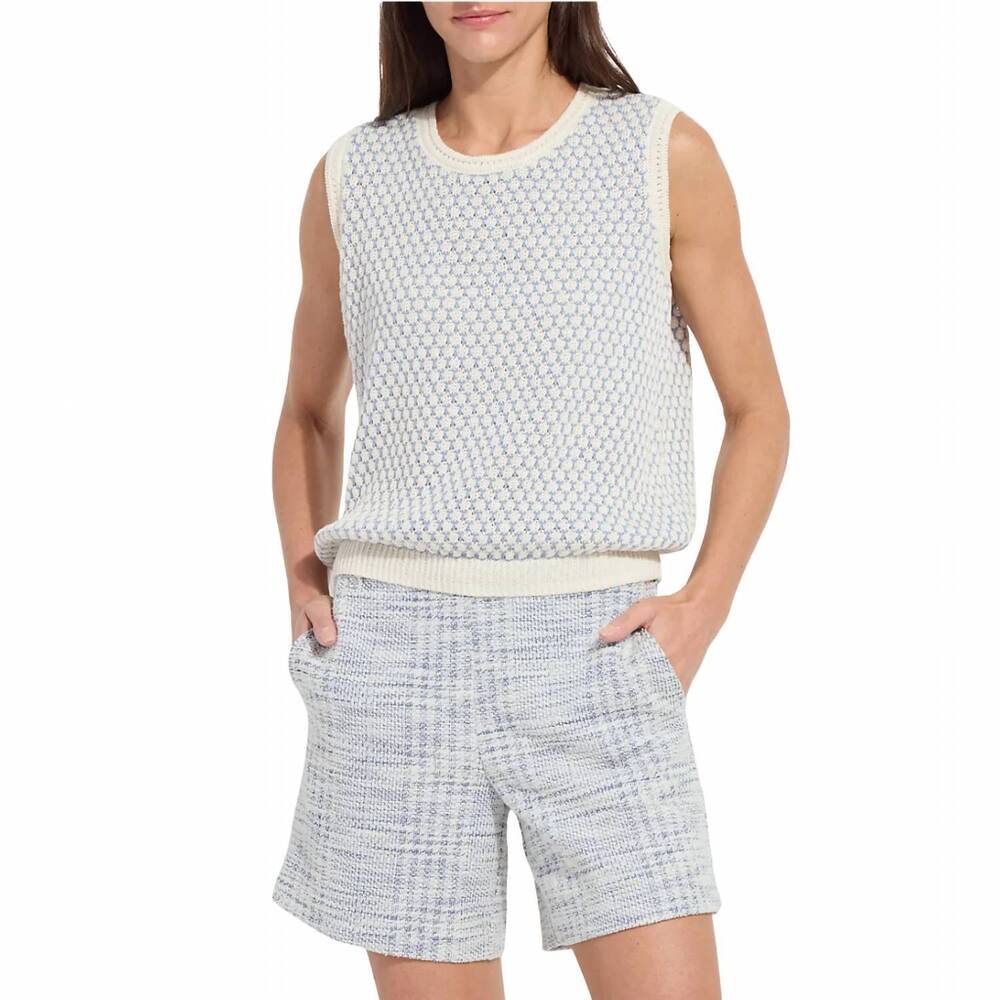 NEW LYSSE women's claire textured mesh sweater shell in ecru/azzuro